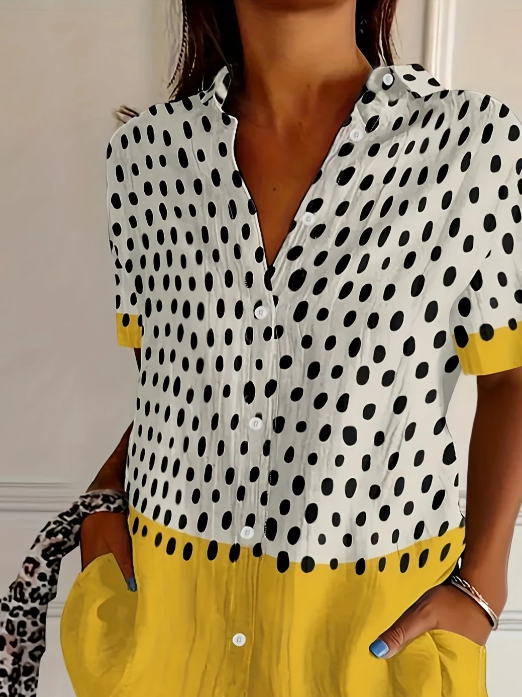 Women's Short Sleeve Shirt Summer Yellow Abstract Polka Dots Printing Shirt Collar Daily Going Out Casual Top