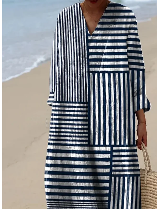 Women's simple striped geometric watercolor splash fluid art print flowy dress