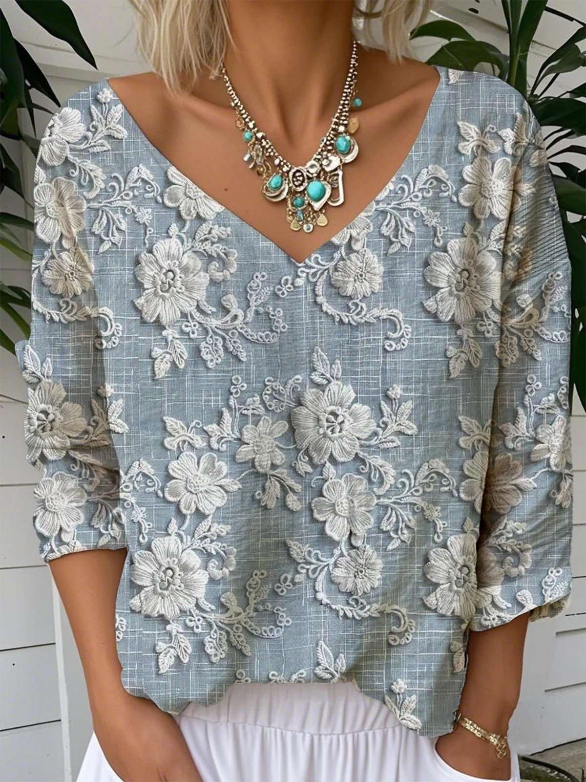 Floral V Neck Jersey Casual T-Shirt