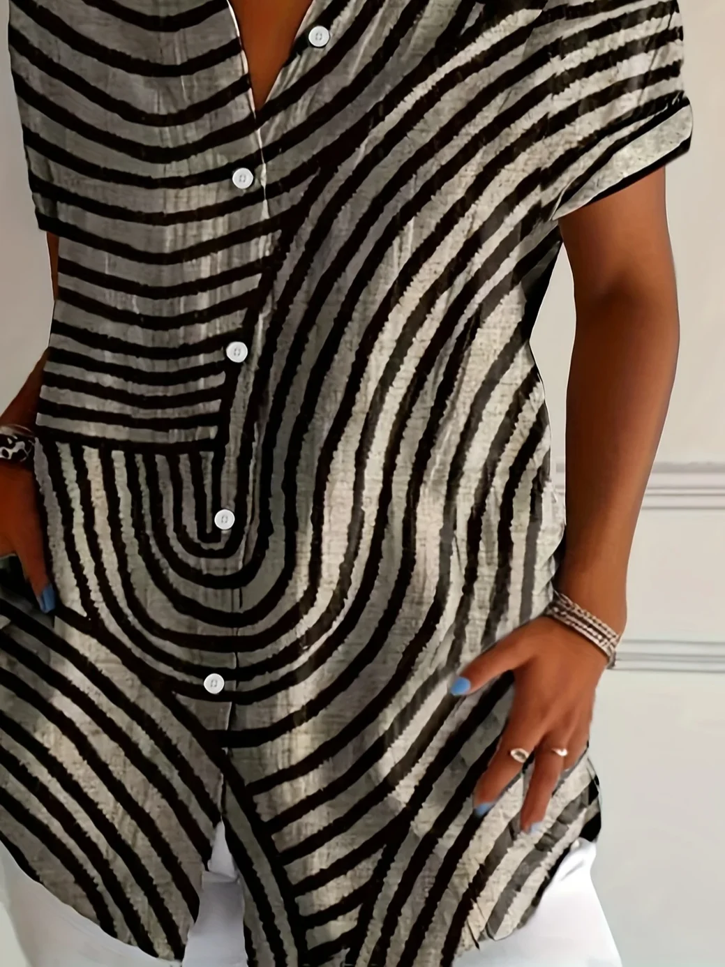 Women's Short Sleeve Shirt Summer Khaki Abstract Stripes Printing Shirt Collar Daily Going Out Casual Top