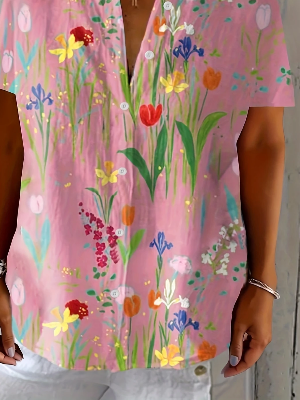 Women's Short Sleeve Shirt Summer Pink Floral Printing Shirt Collar Daily Going Out Casual Top