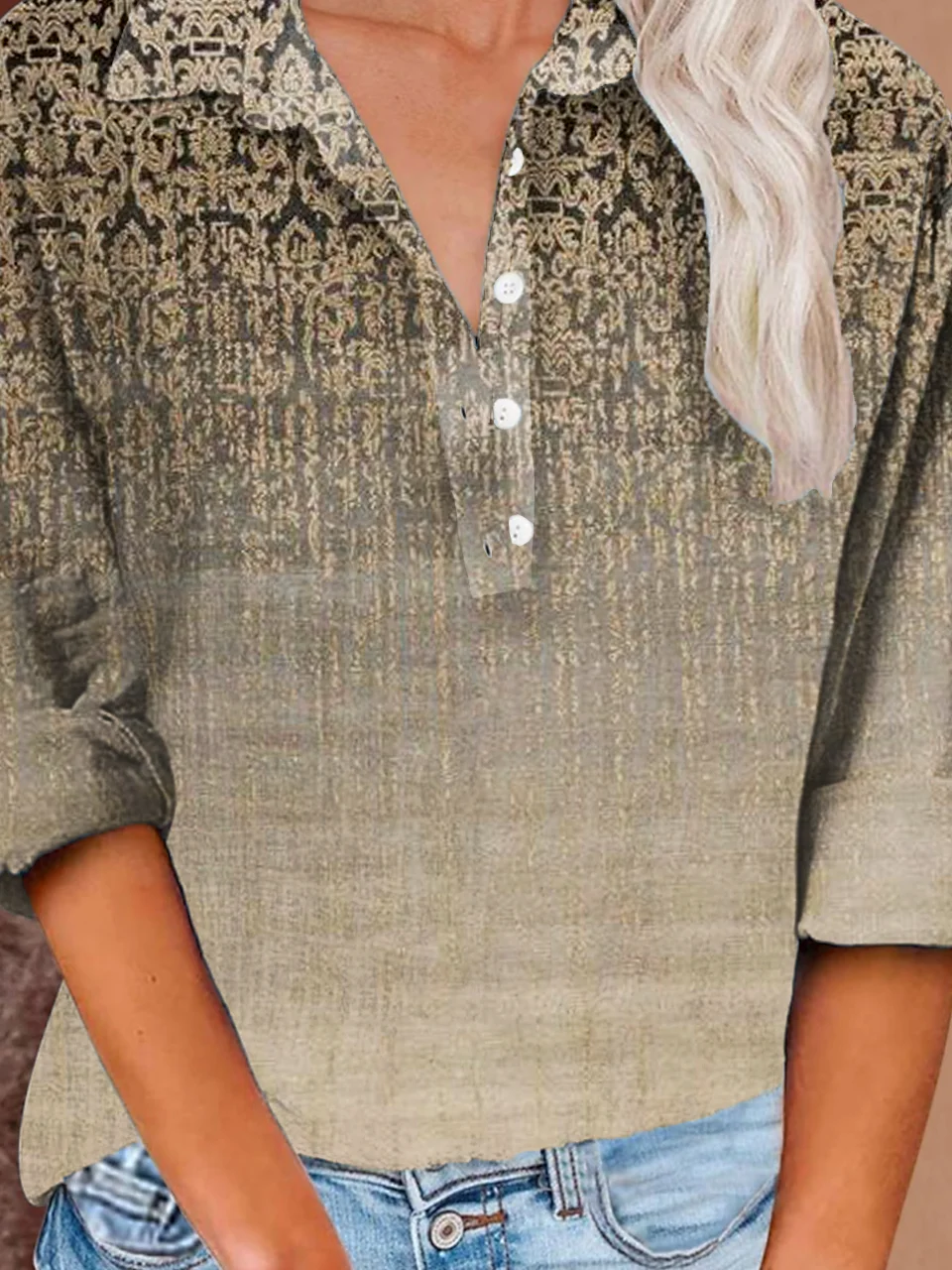 Button Long Sleeve Casual Vintage Print Shirt