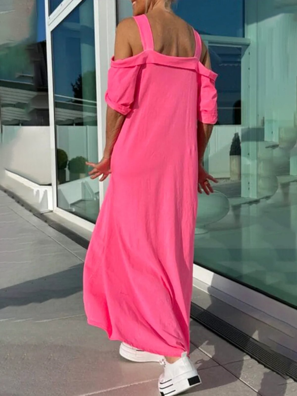 Casual Plain Off Shoulder Sleeve Spaghetti Maxi Dress