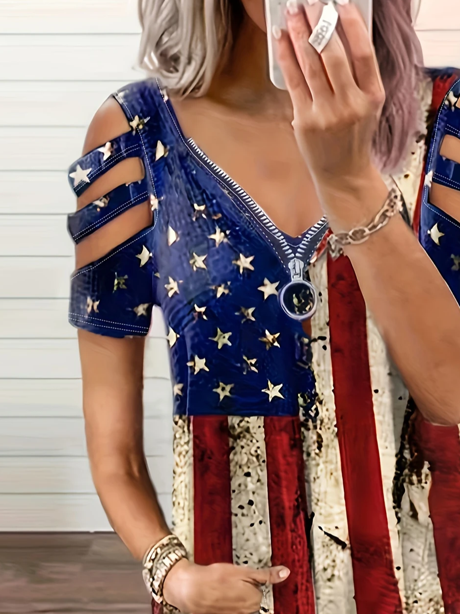 Women's Short Sleeve T-shirt Summer As Picture Independence Day (Flag) Printing V Neck Daily Going Out Vintage Top