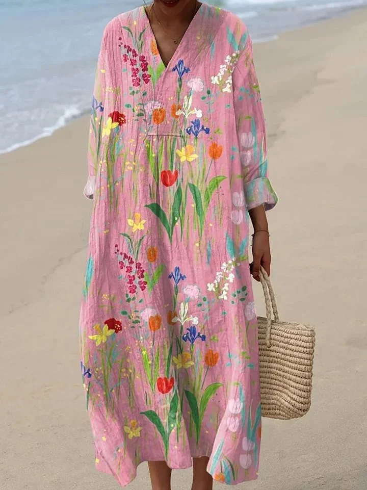 Women's Vintage Flowers Print Casual Long Sleeve Dress