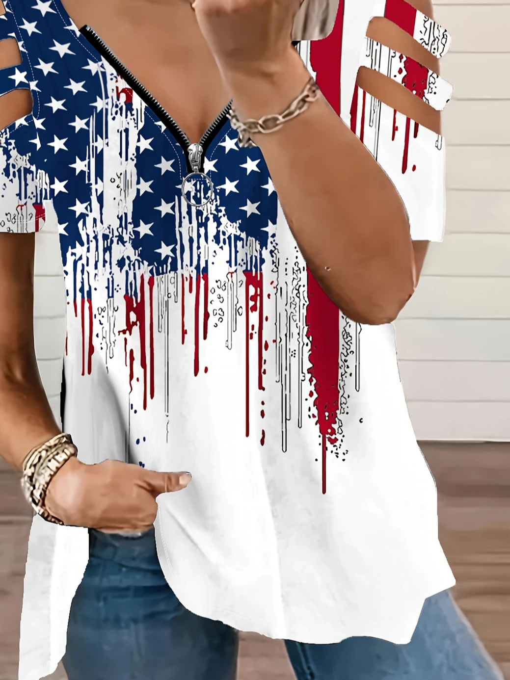 Women's Short Sleeve T-shirt Summer White Independence Day (Flag) Printing V Neck Daily Going Out Vintage Top