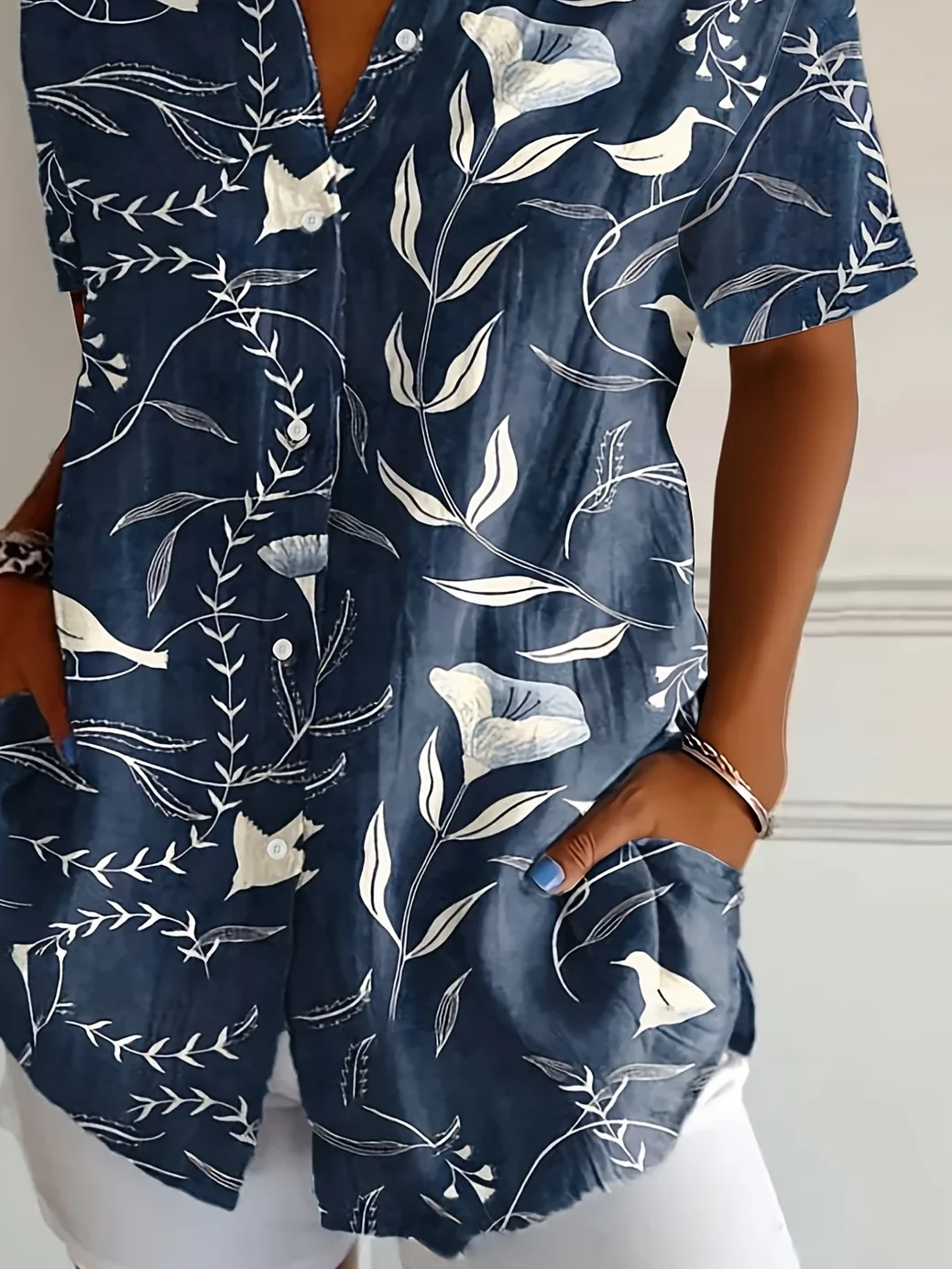 Women's Short Sleeve Shirt Summer Purplish blue Floral Printing Shirt Collar Daily Going Out Casual Top