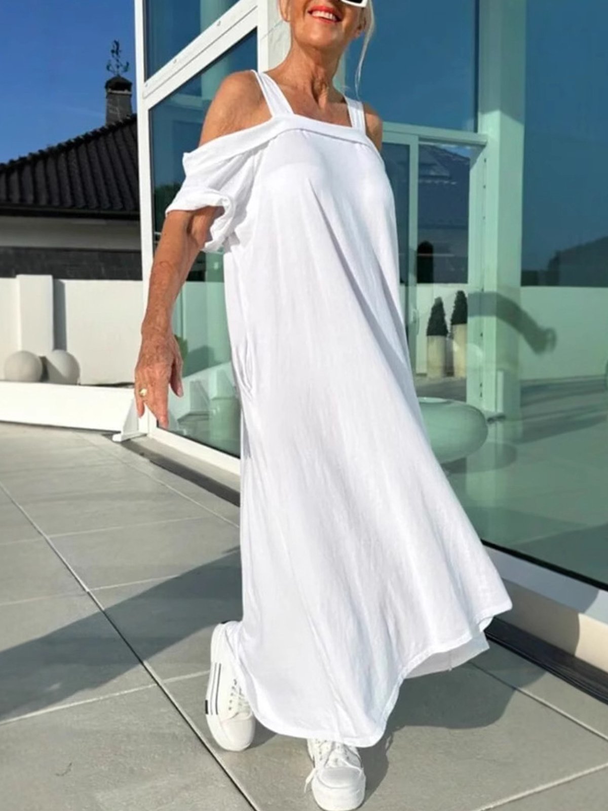 Casual Plain Off Shoulder Sleeve Spaghetti Maxi Dress