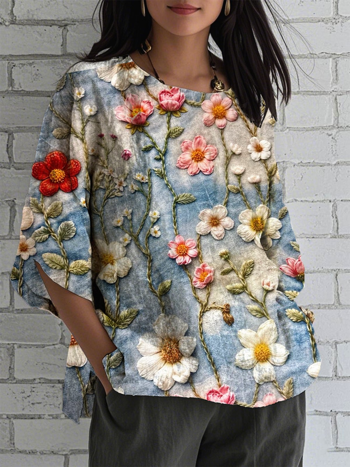 Crew Neck Linen Blend Loose Simple Shirt