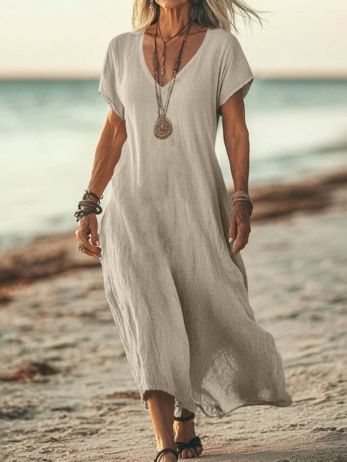 Casual Plain V Neck Maxi Dress