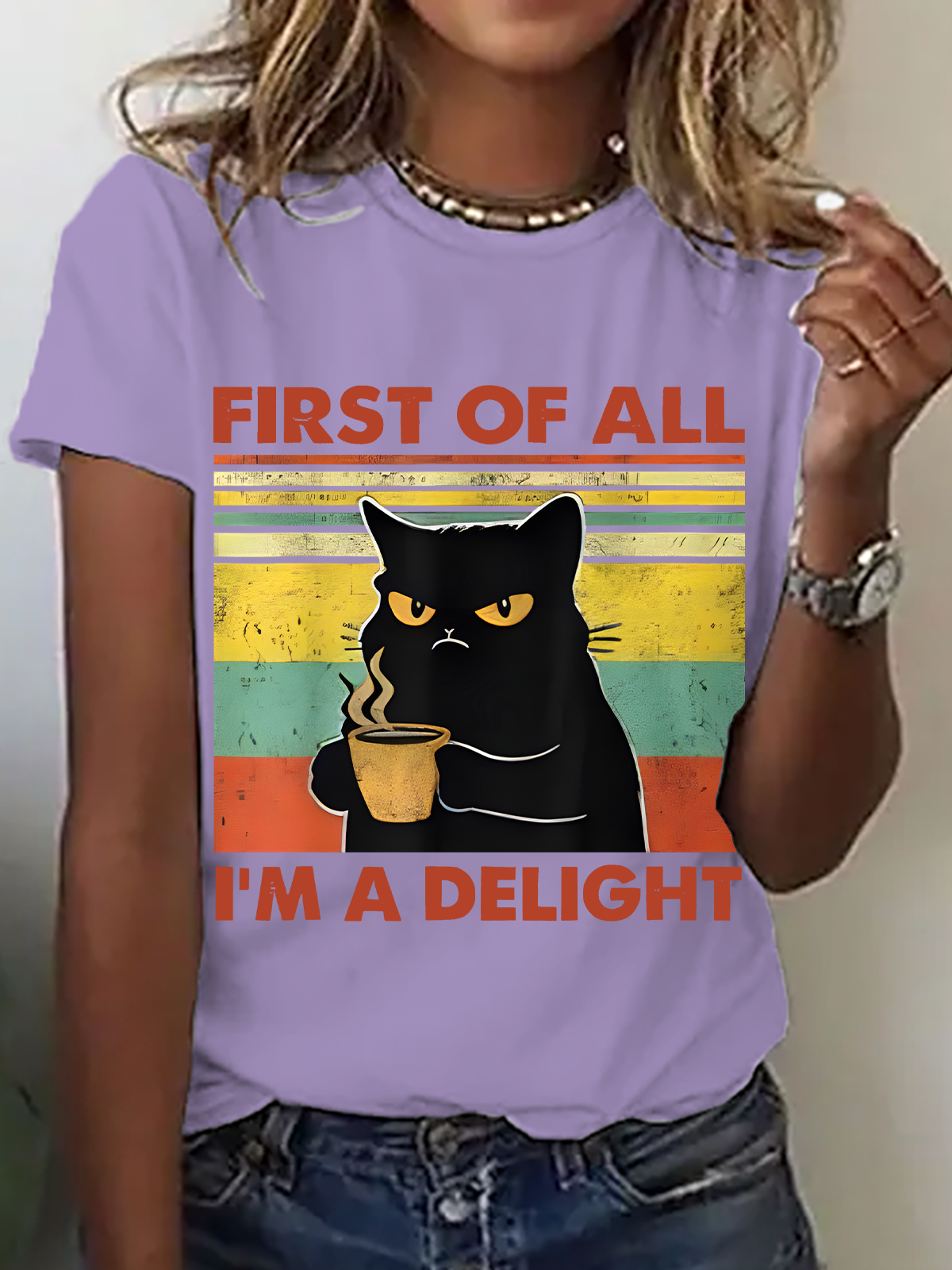 First Of All I'm A Delight Sarcastic Angry Cat Coffee Lover Cotton T-Shirt