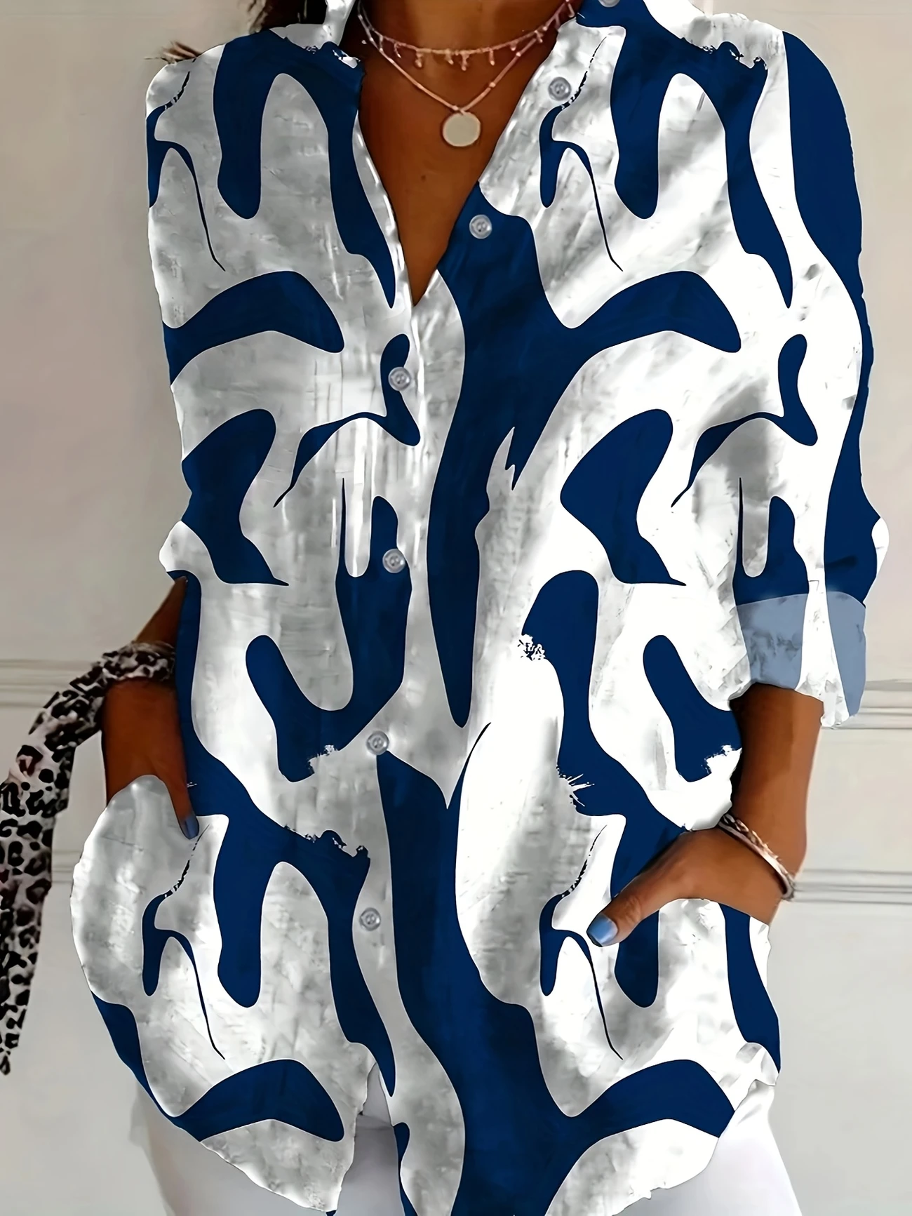Women's Long Sleeve Shirt Spring/Fall White Abstract Buckle Shirt Collar Daily Going Out Casual Top