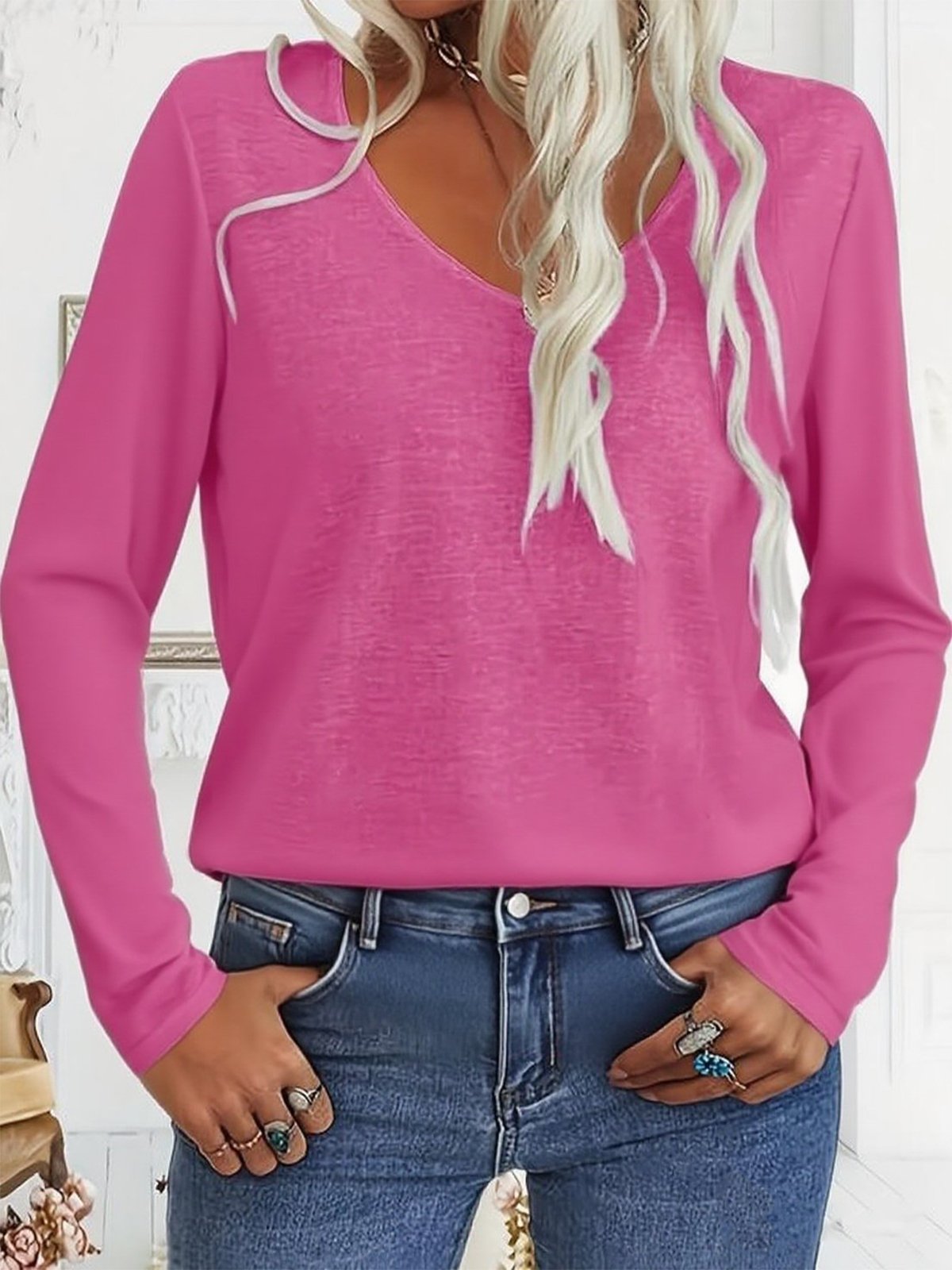 Casual V Neck Long Sleeve T-Shirt