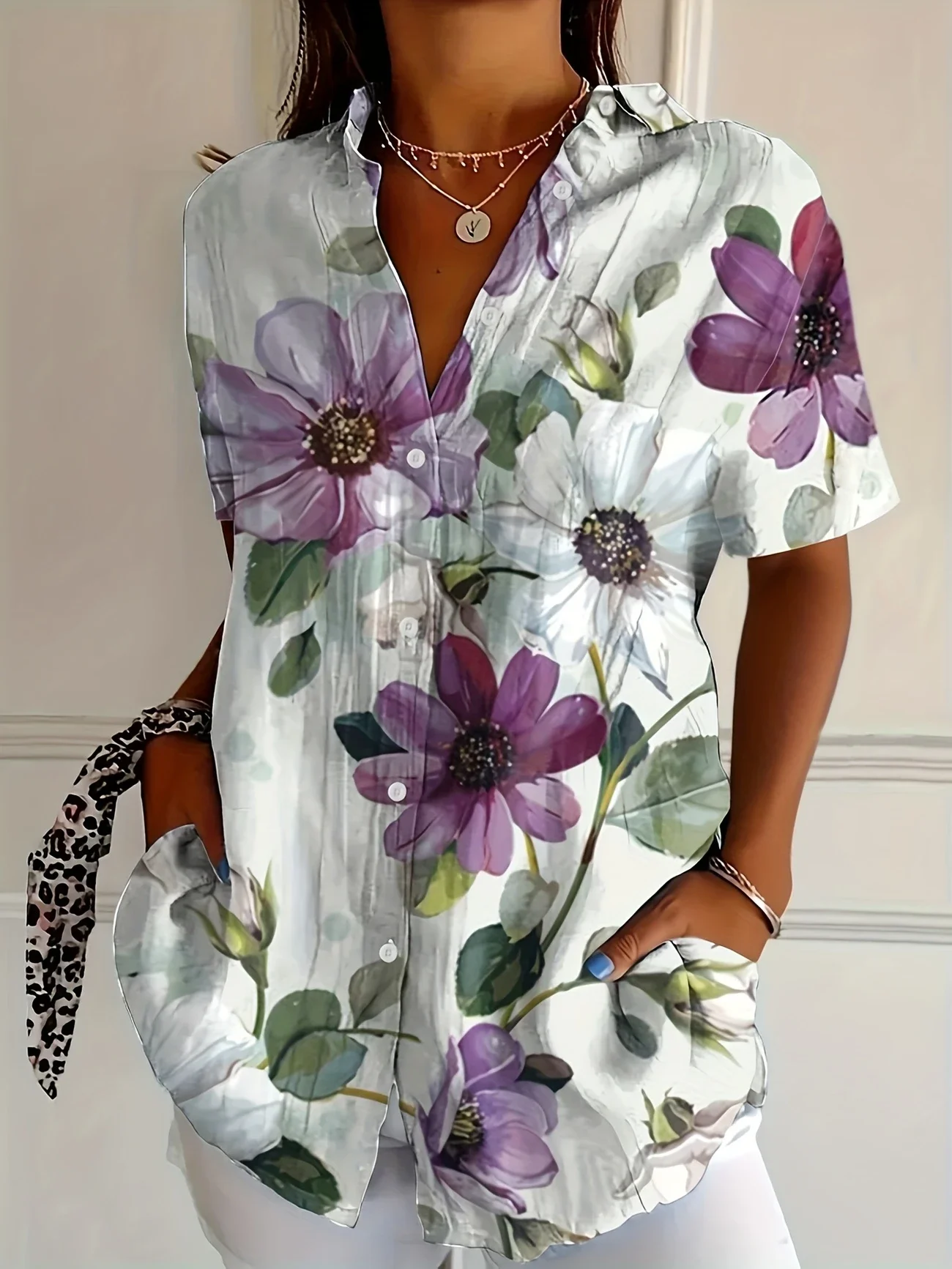 Women's Short Sleeve Shirt Summer White Floral Printing Shirt Collar Daily Going Out Casual Top