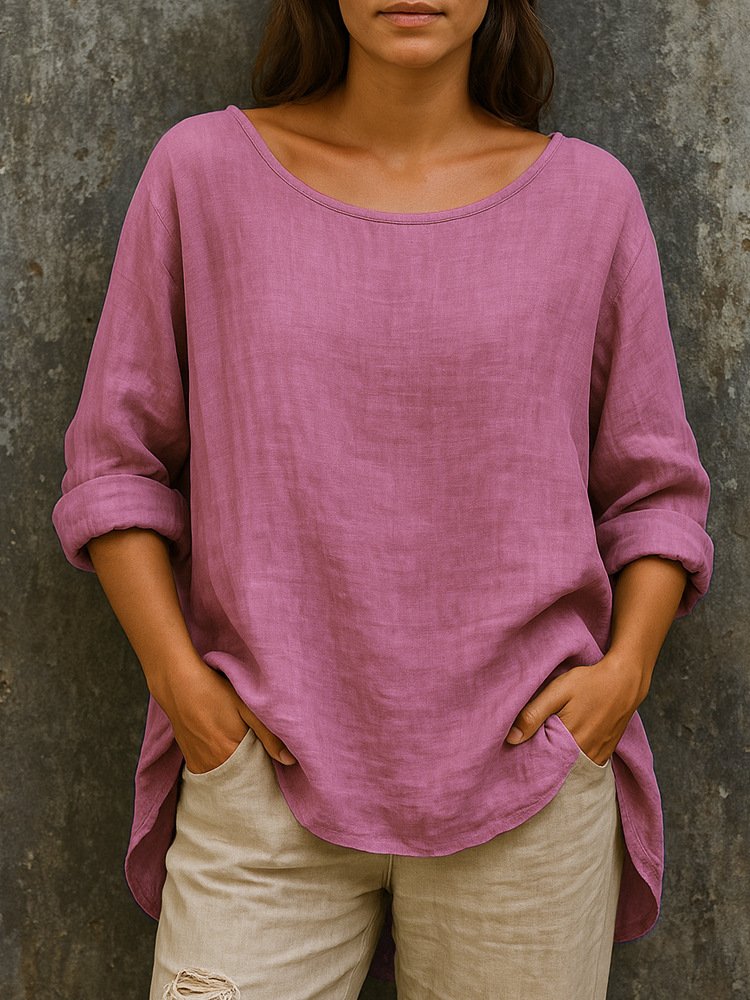 Linen Crew Neck Casual Regular Fit T-Shirt