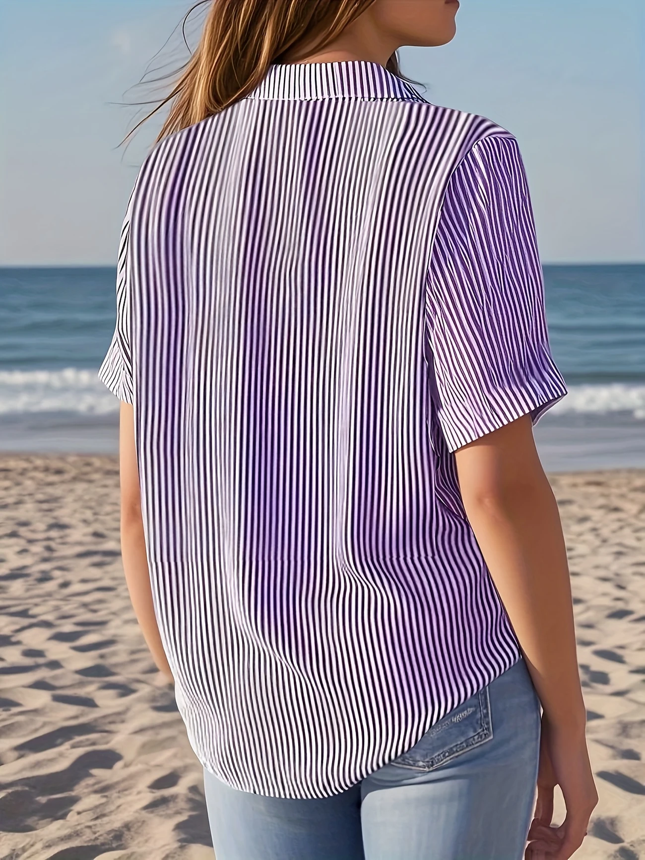Women's Short Sleeve Shirt Summer Purple Striped Printing Shirt Collar Daily Going Out Casual Top