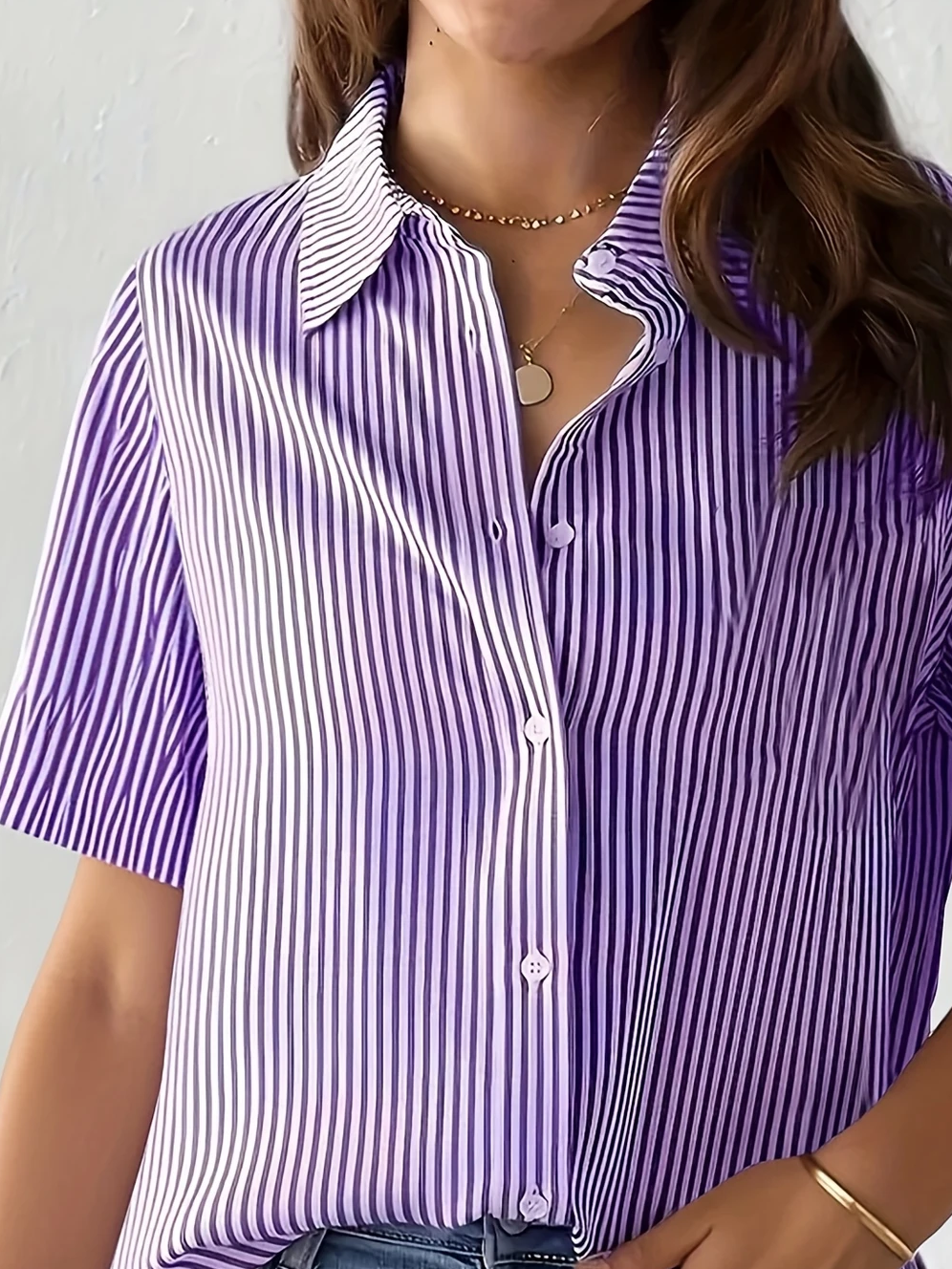 Women's Short Sleeve Shirt Summer Purple Striped Printing Shirt Collar Daily Going Out Casual Top