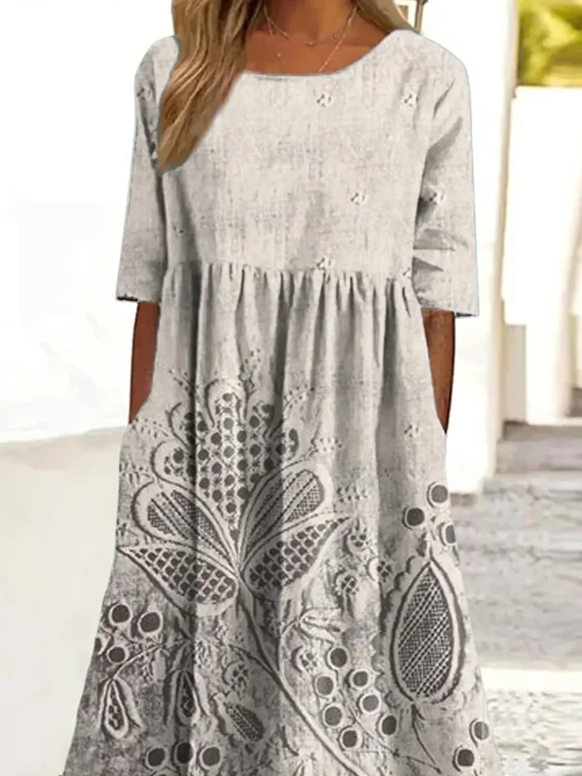 Regular Fit 3D Printing Crew Neck Casual Dress With No