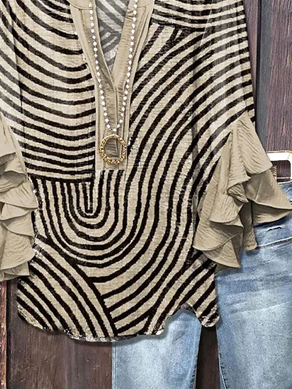 Women's Half Sleeve Shirt Summer Khaki Abstract Stripes Printing V Neck Daily Going Out Casual Top