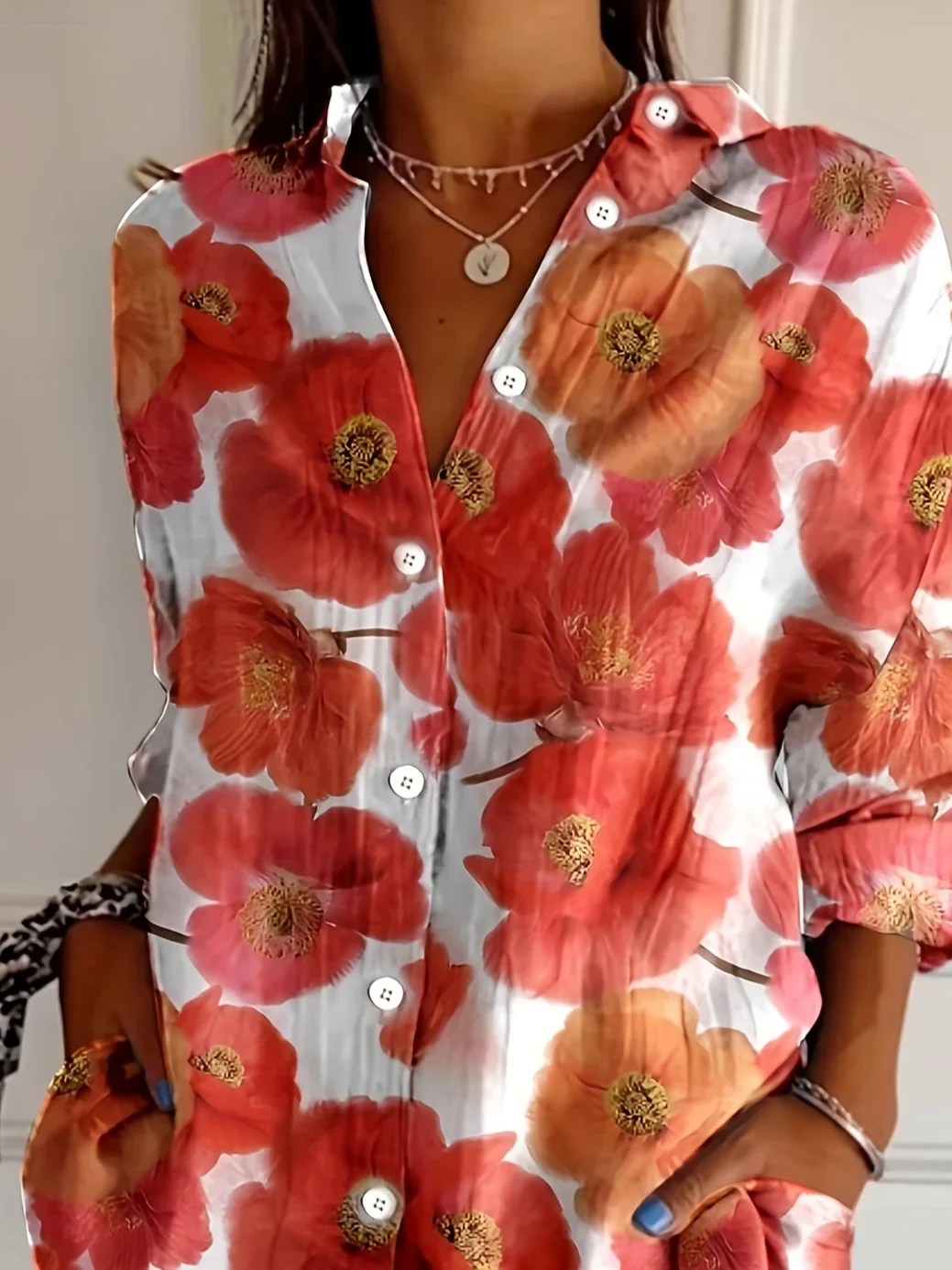 Women's Long Sleeve Shirt Spring/Fall Orange Floral Buckle Shirt Collar Daily Going Out Casual Top