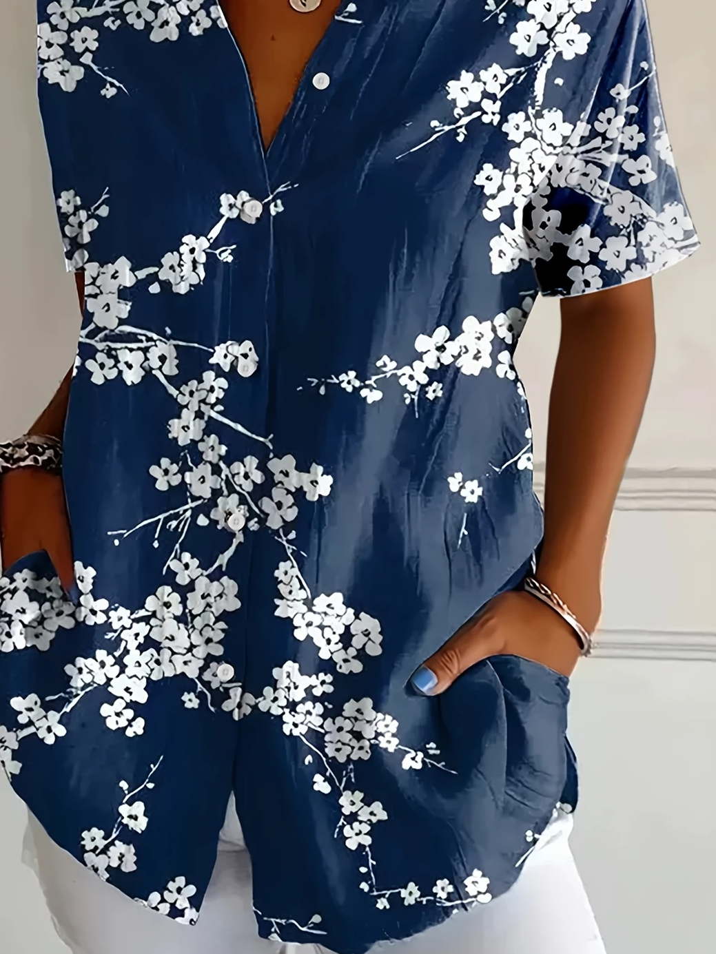 Women's Short Sleeve Shirt Summer Deep Blue Floral Printing Shirt Collar Daily Going Out Casual Top