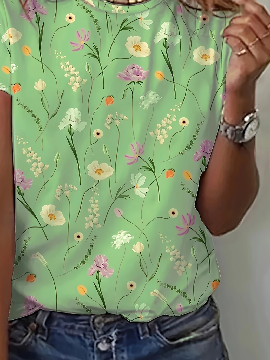 Women's Short Sleeve T-shirt Summer Green Floral Printing Crew Neck Daily Going Out Casual Top