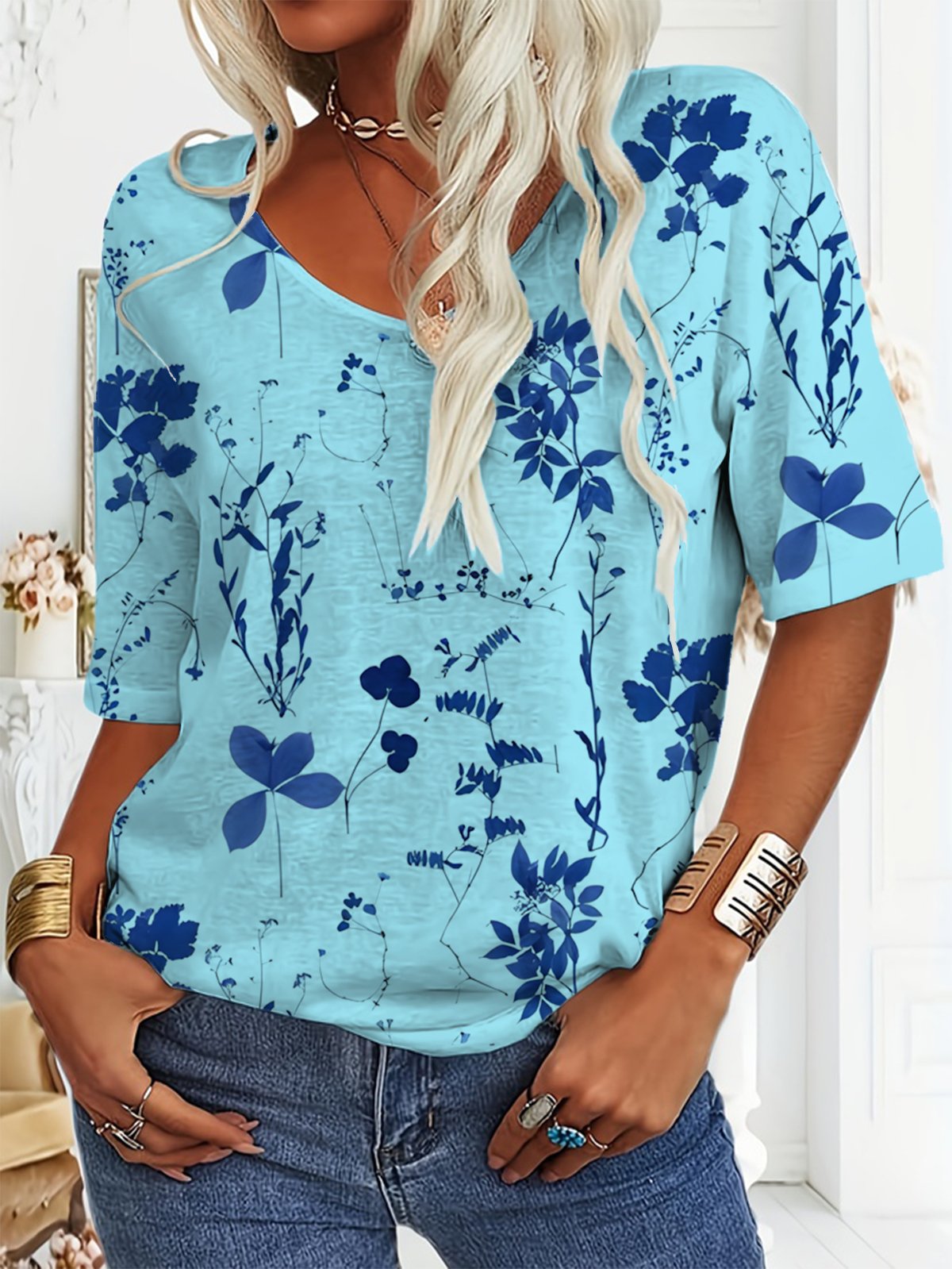 Jersey Loose Casual V Neck T-Shirt