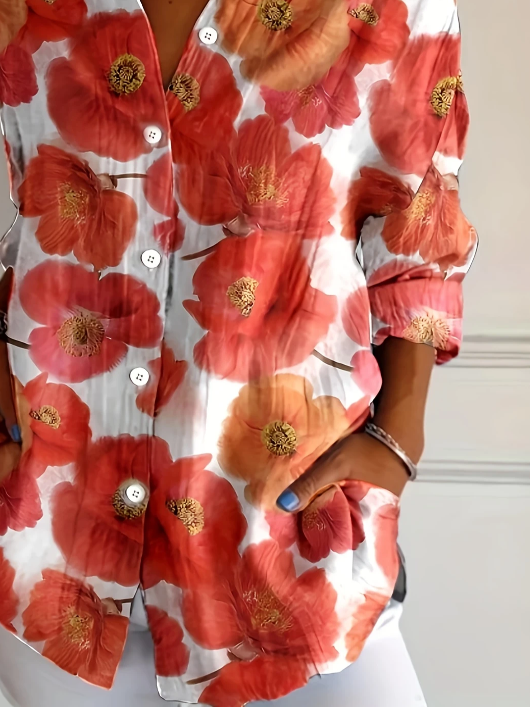 Women's Long Sleeve Shirt Spring/Fall Orange Floral Buckle Shirt Collar Daily Going Out Casual Top