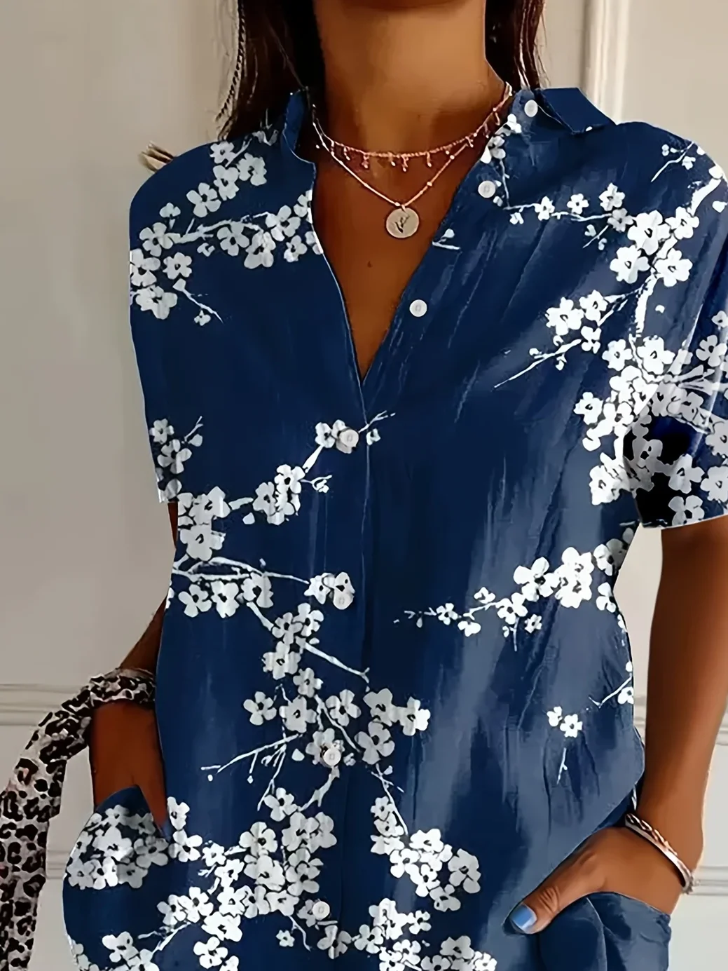 Women's Short Sleeve Shirt Summer Deep Blue Floral Printing Shirt Collar Daily Going Out Casual Top