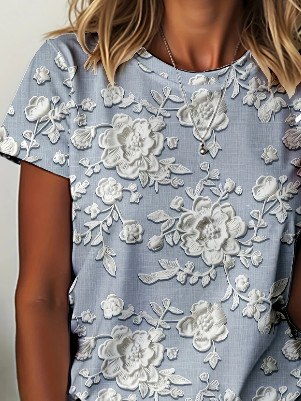 Women's Short Sleeve T-shirt Summer Blue Floral Printing Crew Neck Daily Going Out Casual Top