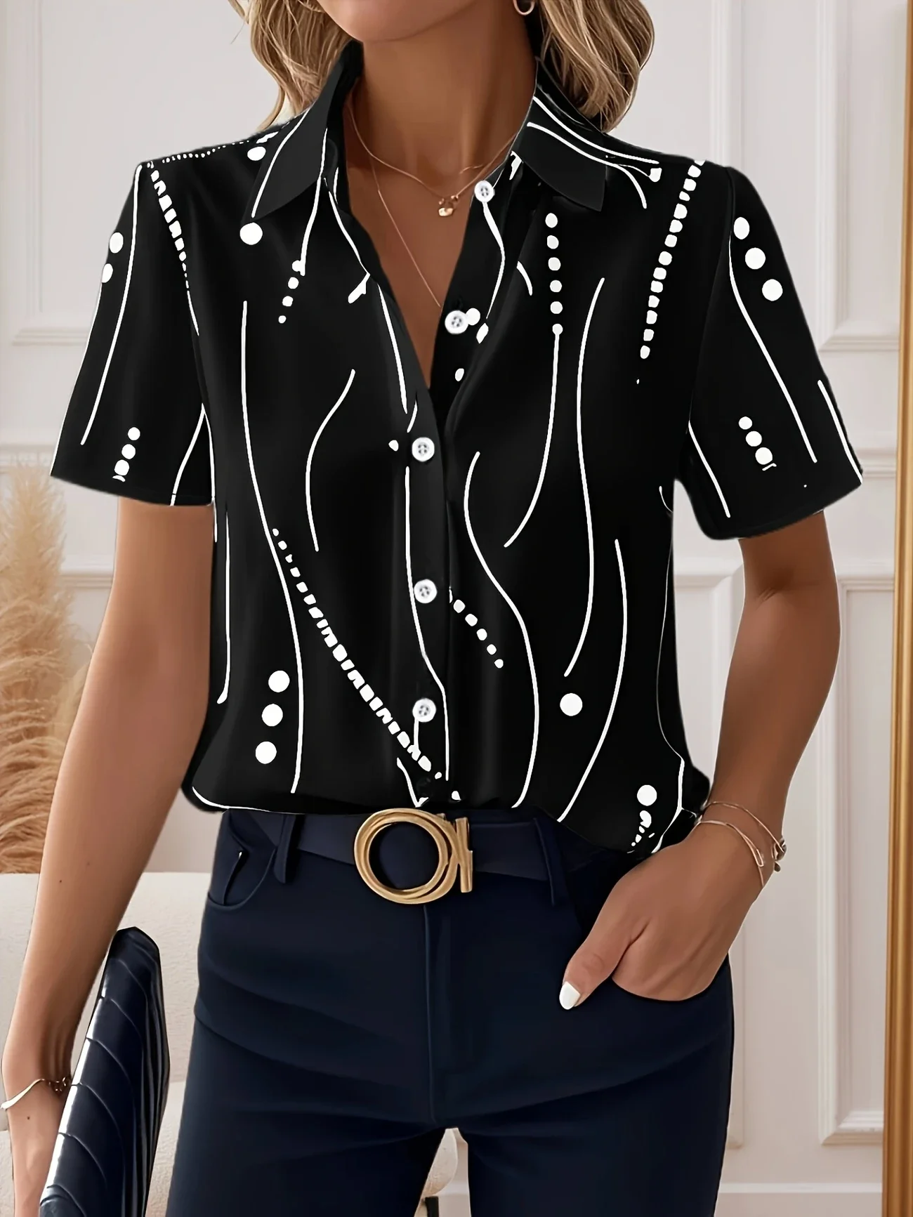 Women's Short Sleeve Shirt Summer White Abstract Stripes Printing Shirt Collar Daily Going Out Casual Top