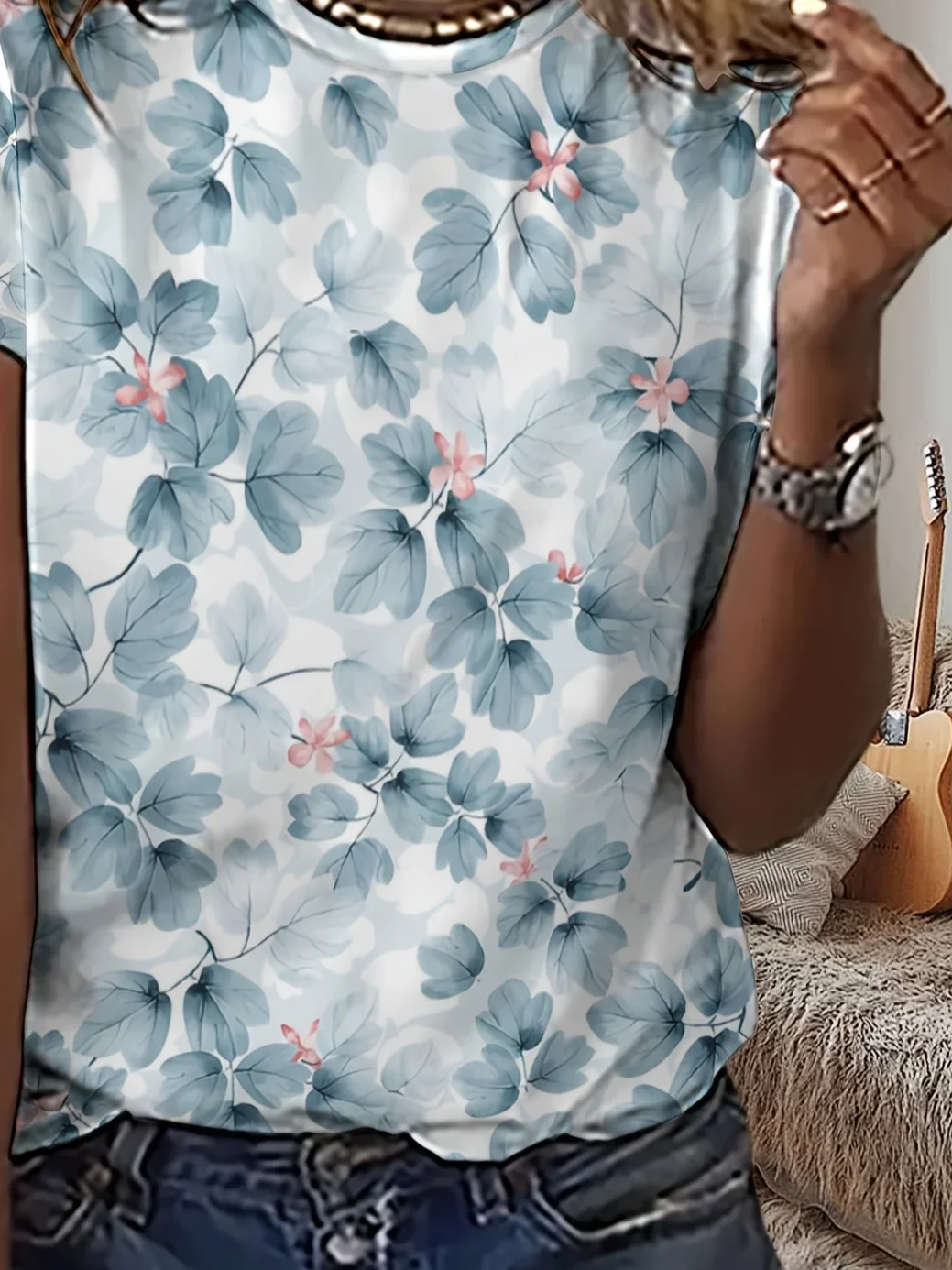 Women's Short Sleeve T-shirt Summer Blue Floral Printing Crew Neck Daily Going Out Casual Top
