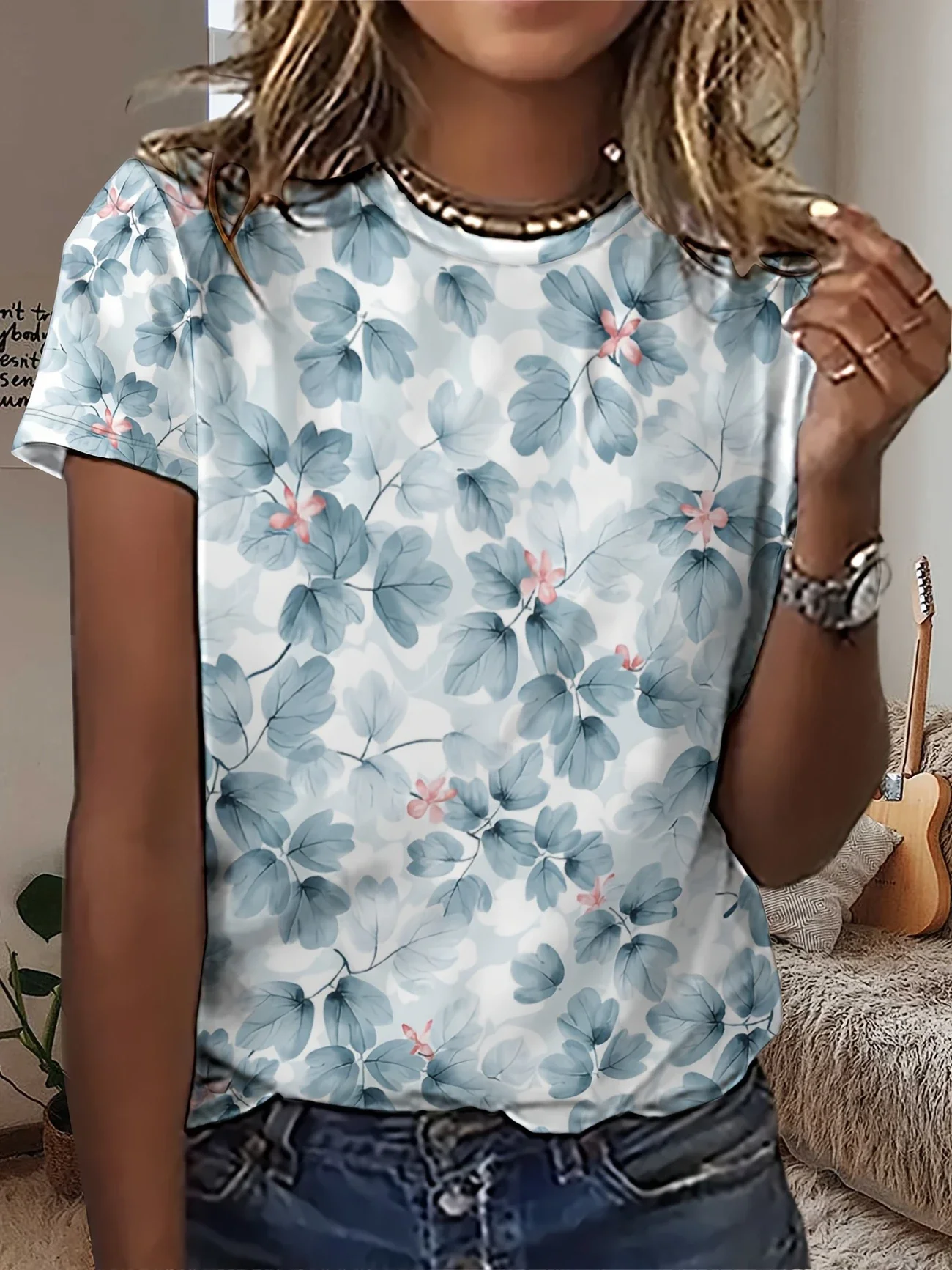Women's Short Sleeve T-shirt Summer Blue Floral Printing Crew Neck Daily Going Out Casual Top