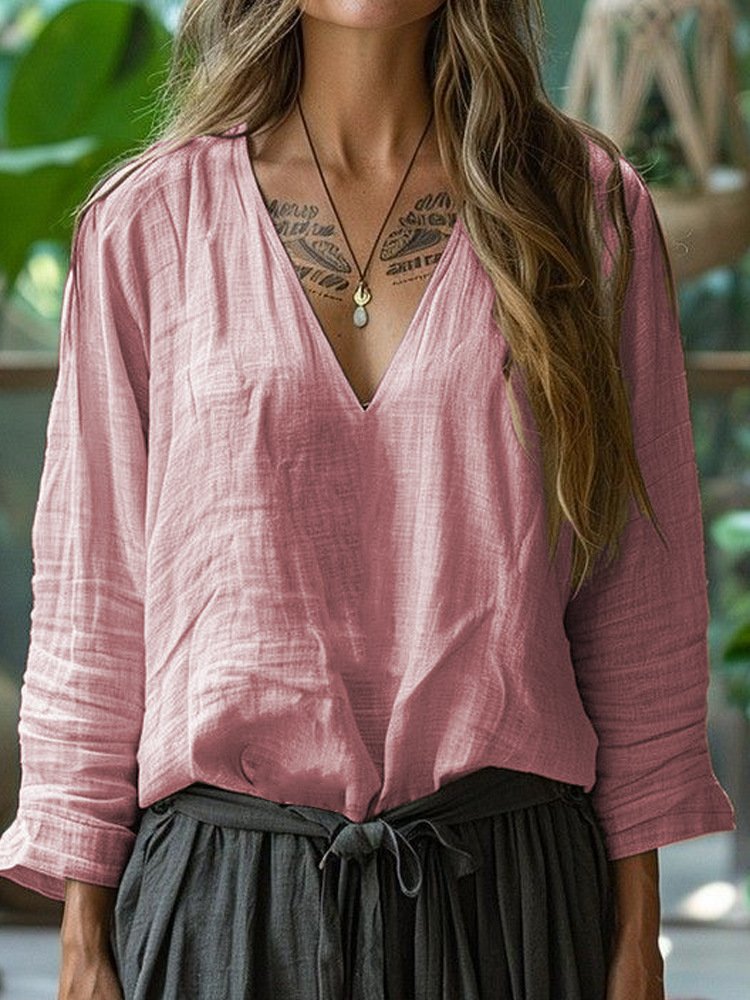 Plain Casual Regular Fit Linen T-Shirt