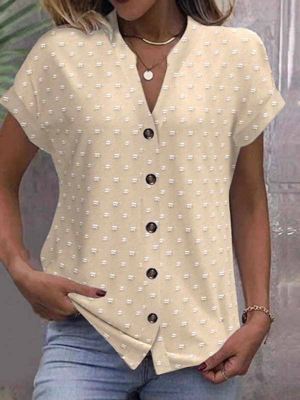 Women's Short Sleeve T-shirt Summer Blue Plain Jacquard Cotton V Neck Daily Going Out Casual Top