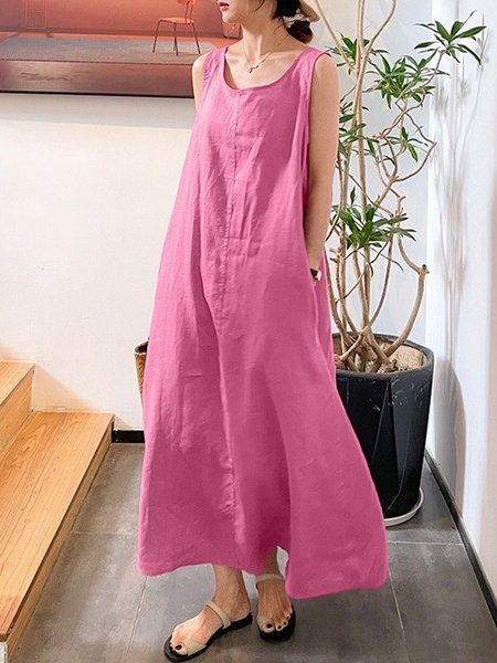 Women's Sleeveless Summer Blue Plain Split Joint Crew Neck Daily Going Out Vintage Maxi A-Line Tank Dress