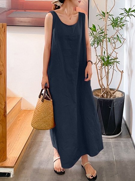 Women's Sleeveless Summer Blue Plain Split Joint Crew Neck Daily Going Out Vintage Maxi A-Line Tank Dress