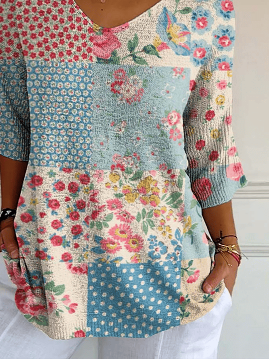 V Neck Loose Simple Floral T-Shirt