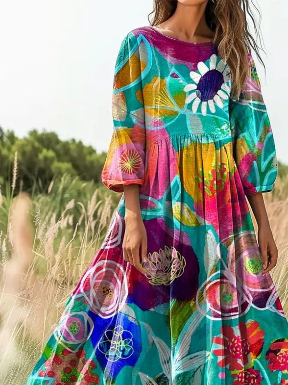 Floral Crew Neck Casual Loose Dress
