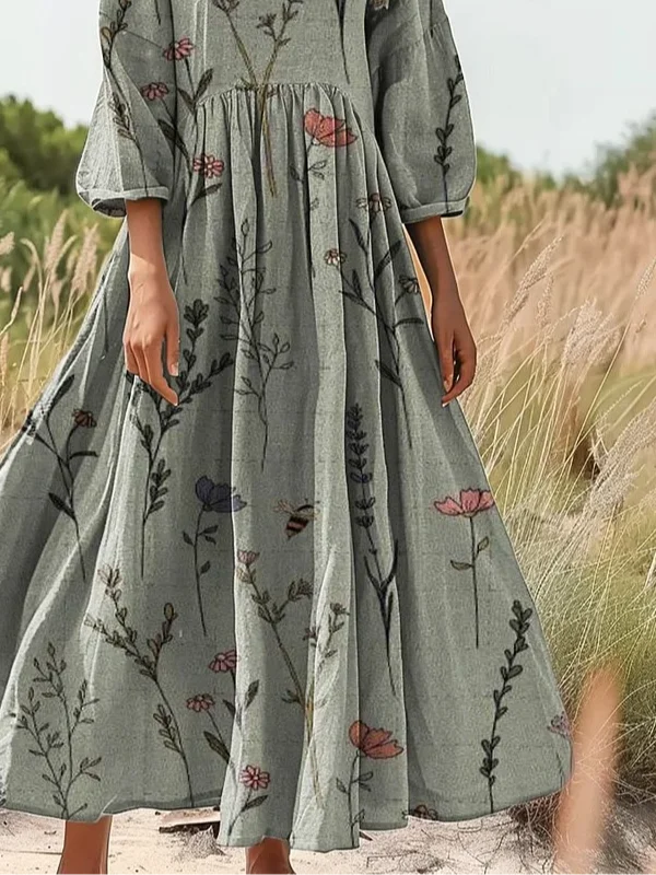 Women's Wildflower Art Print Crew Neck Pocket Cotton Dress