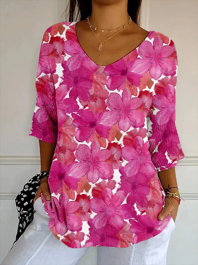 Women's Vintage Botanical Flower Art Print Casual Mid-Sleeve T-Shirt
