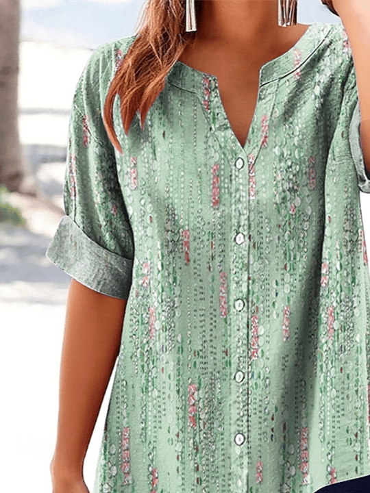 Women's V-Neck Button-Down Short-Sleeved Shirt
