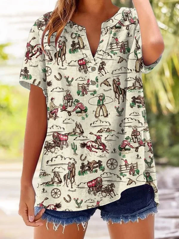 Women's Vintage Western Printed Cotton and Linen Shirt