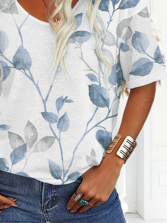 Women's Floral Print V-Neck Short Sleeve T-Shirt