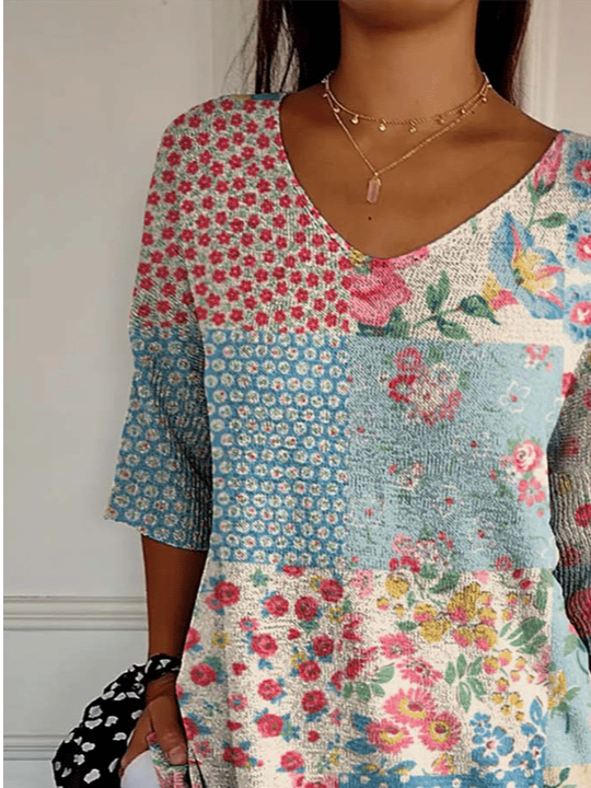 V Neck Loose Simple Floral T-Shirt