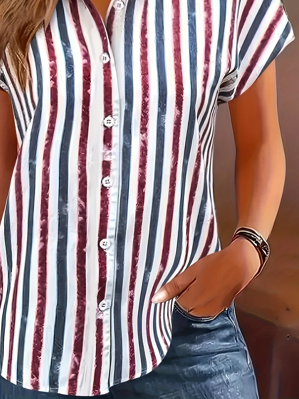 Women's Short Sleeve Shirt Summer As Picture Striped Printing Shirt Collar Daily Going Out Casual Top