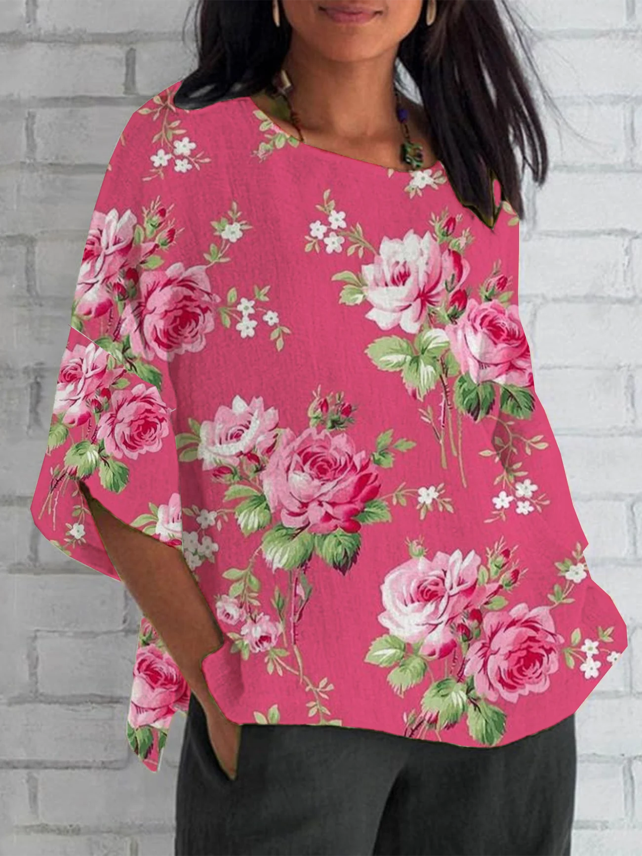 Women's Half Sleeve T-shirt Summer Pink Floral Crew Neck Daily Going Out Casual Top
