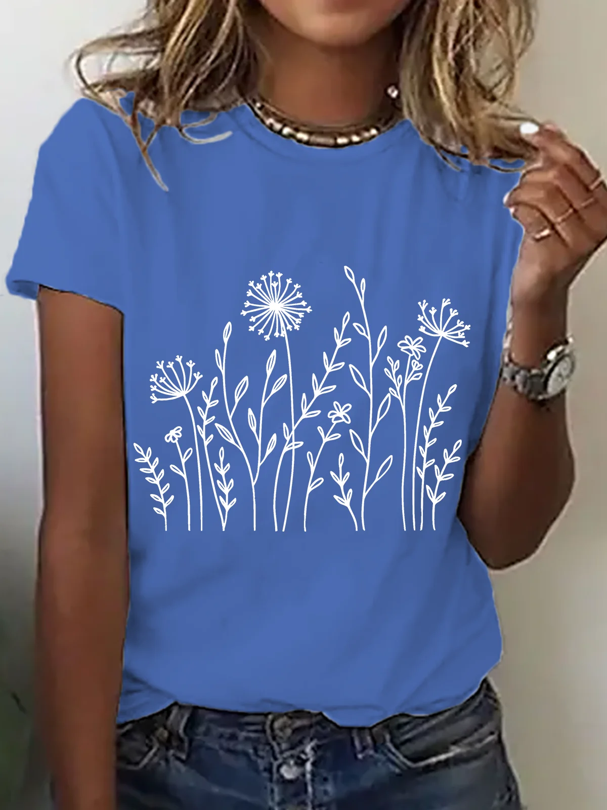 Womens Cotton Floral Crew Neck T Shirts Cotton T-Shirt