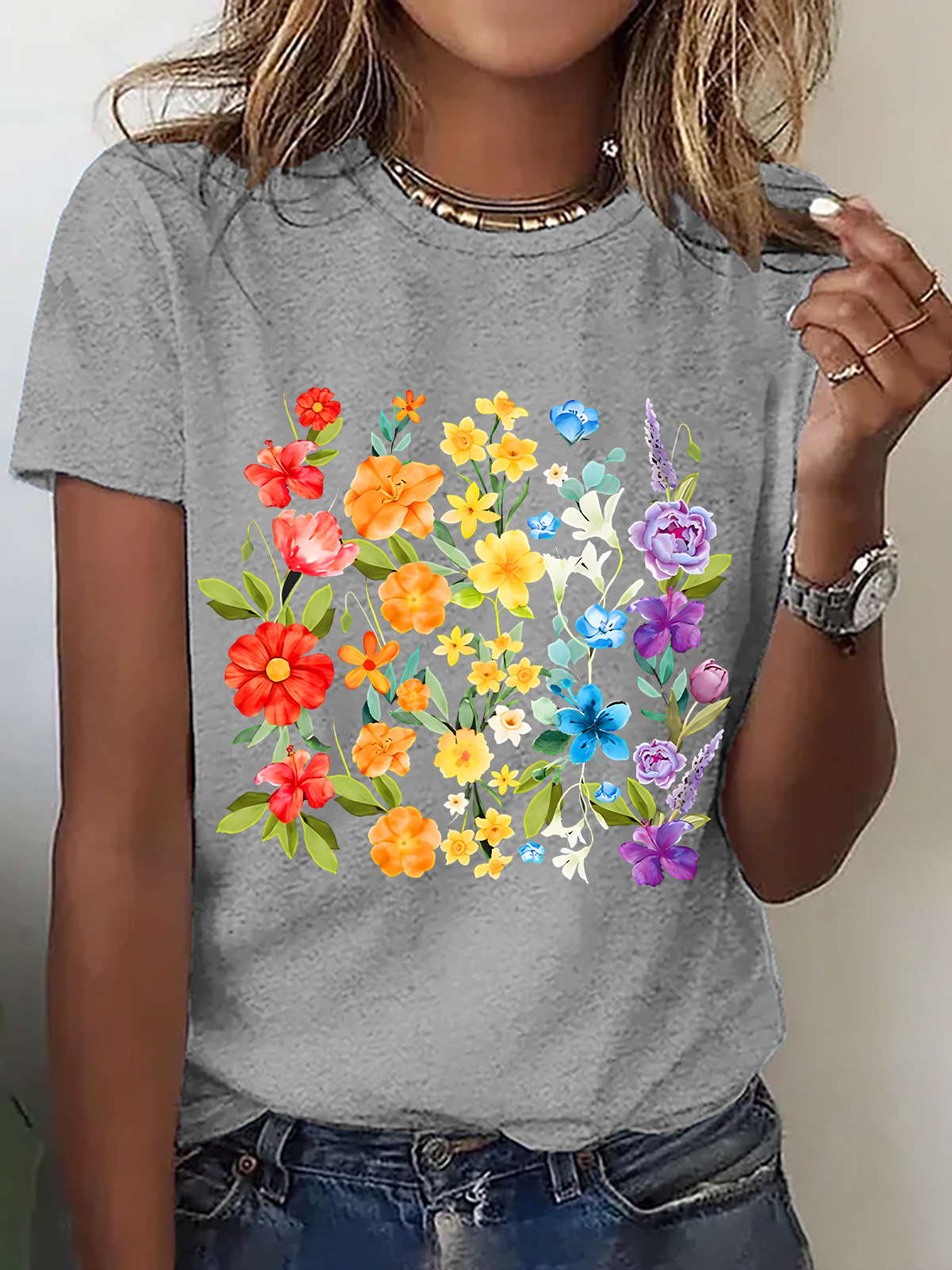 Womens Cotton Floral Crew Neck T Shirts Cotton T-Shirt