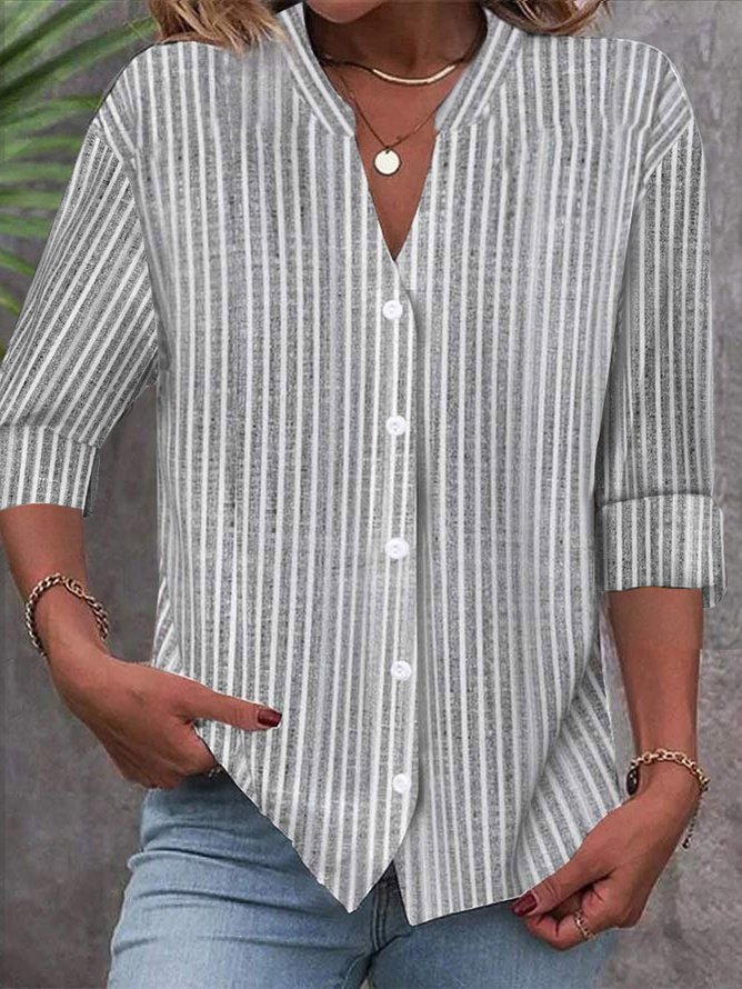 Women's Stand Collar Long Sleeve Striped Shirt